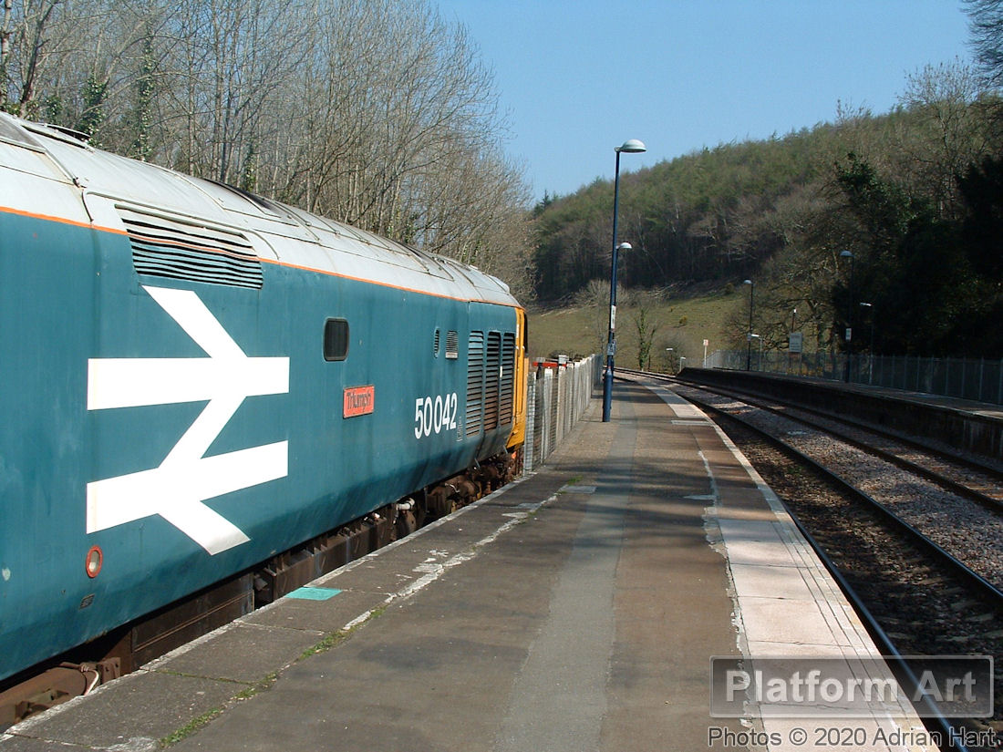 Preserved Class 50 locomotive 50042 Triumph at work on the Bodmin and Wenford Railway in Cornwall on 2nd April 2005. This is Bodmin Parkway.