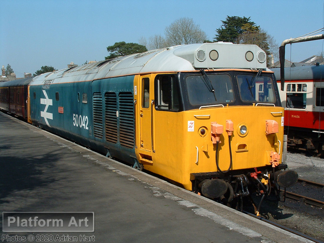 Preserved Class 50 locomotive 50042 Triumph at work on the Bodmin and Wenford Railway in Cornwall on 2nd April 2005. This is Bodmin General.