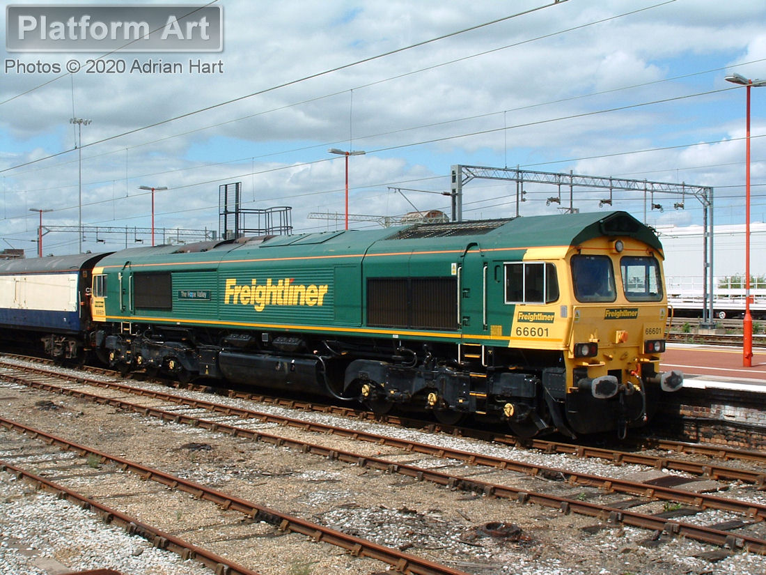Freightliner Heavy Haul Class 66 locomotive 66601 The Hope Valley is seen stabled at Rugby along with two inspection coaches on 19th July 2005.