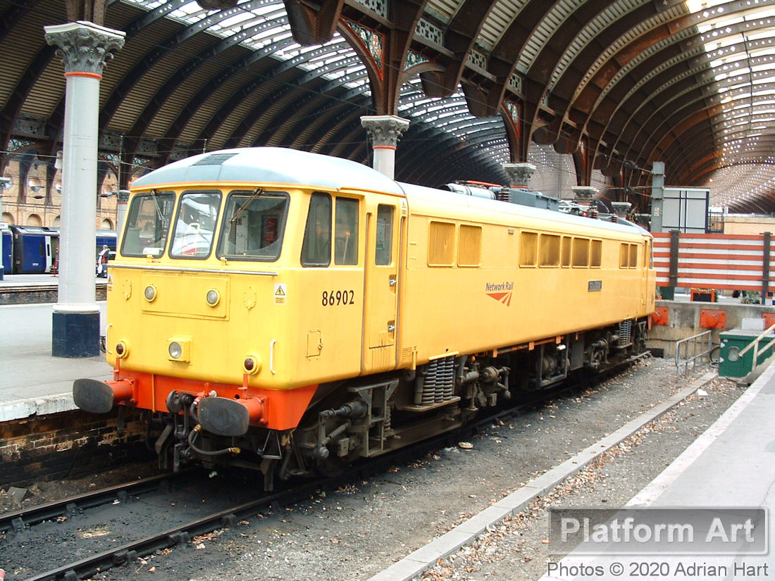 Network Rail mobile load-bank testing locomotive 86902 Rail Vehicle Engineering (ex-86210) is captured at York station on 15th February 2008. Following its withdrawal from service, the engine was broken up at Booths scrap yard in Rotherham in November 2016.