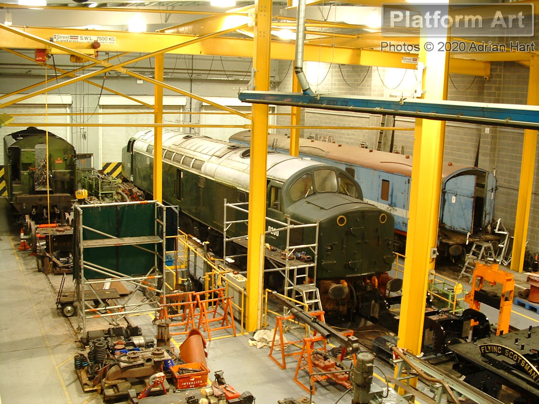 D200/40122 undergoes maintenance at the National Railway Museum in York on 15th February 2008. Note the Flying Scotsman nameplate on the right.