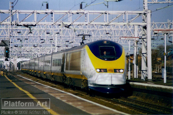 Eurostar sets 3301 and 3302 pass Nuneaton at speed on 11th February 1998 with a southbound route familiarisation working. Unfortunately the north of London Eurostar services which were promised in the 1987 Channel Tunnel Act never came to fruition.