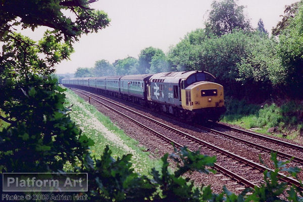 Class 37 37411 The Institute of Railway Signal Engineers powers the Snowdonia Executive railtour from Swindon to Pwllheli through Barnhurst Cutting north west of Wolverhampton on 28th May 1989.