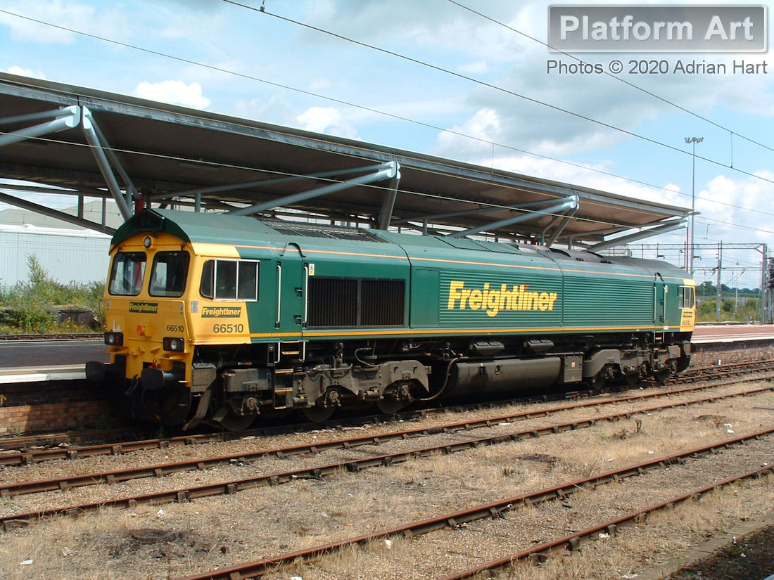 Freightliner Class 66 locomotive 66510 waits between duties at Rugby on 19th July 2004.
