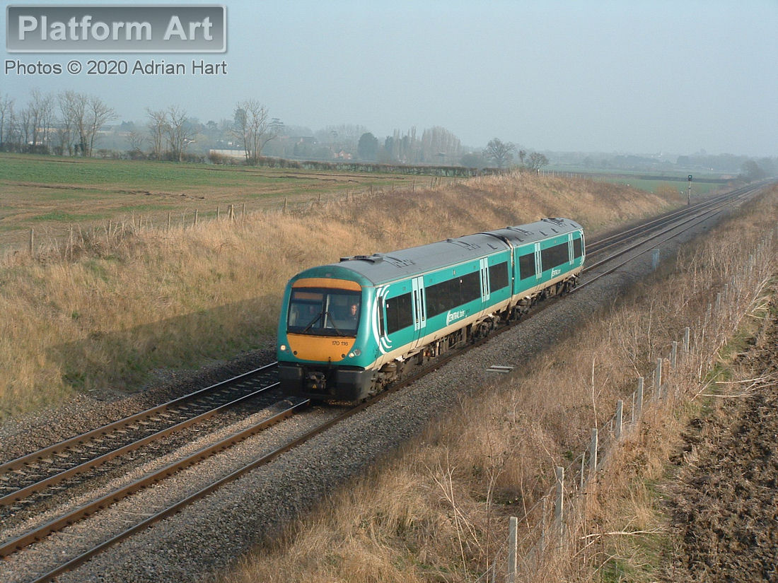 Turbostar unit 170116 hurries past Croome Perry in Worcestershire on 19th March 2005, with a northbound Central Trains service.